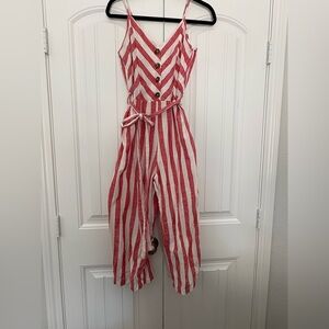 Coral and White Linen Striped Jumpsuit